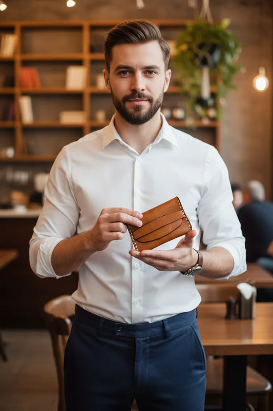 Brown personalized leather card holder, front
