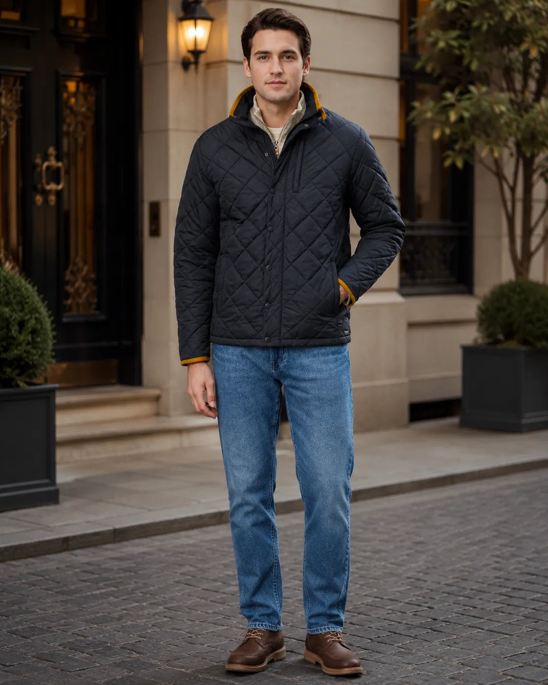 Man wearing a quilted jacket and blue jeans standing on a street.