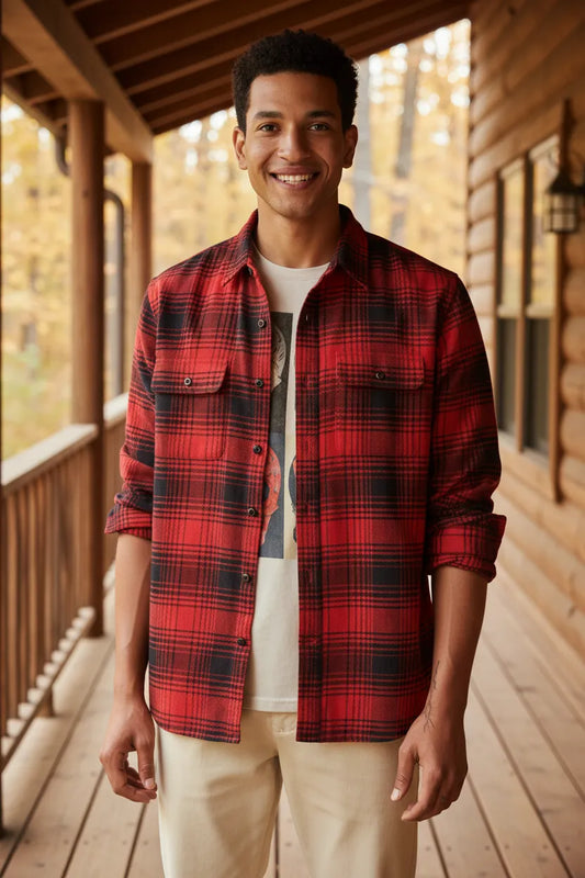 Men's red and black plaid flannel shirt, front