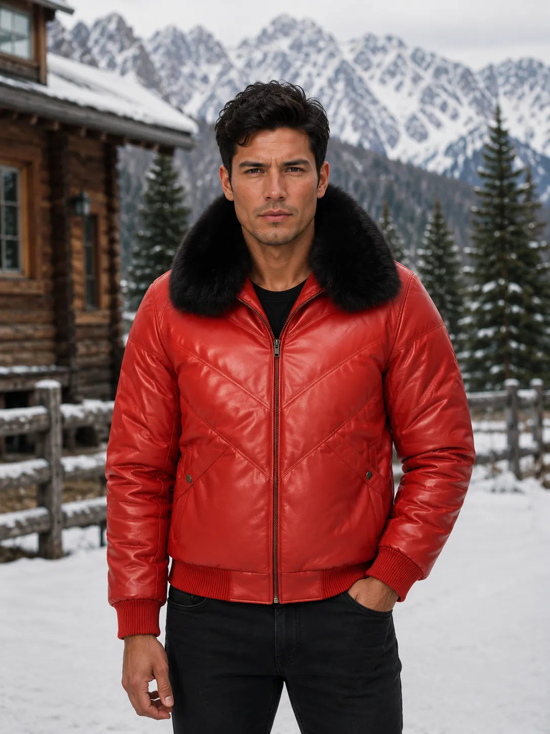 Red-Leather-V-Bomber-Jacket-By-SKS-Model