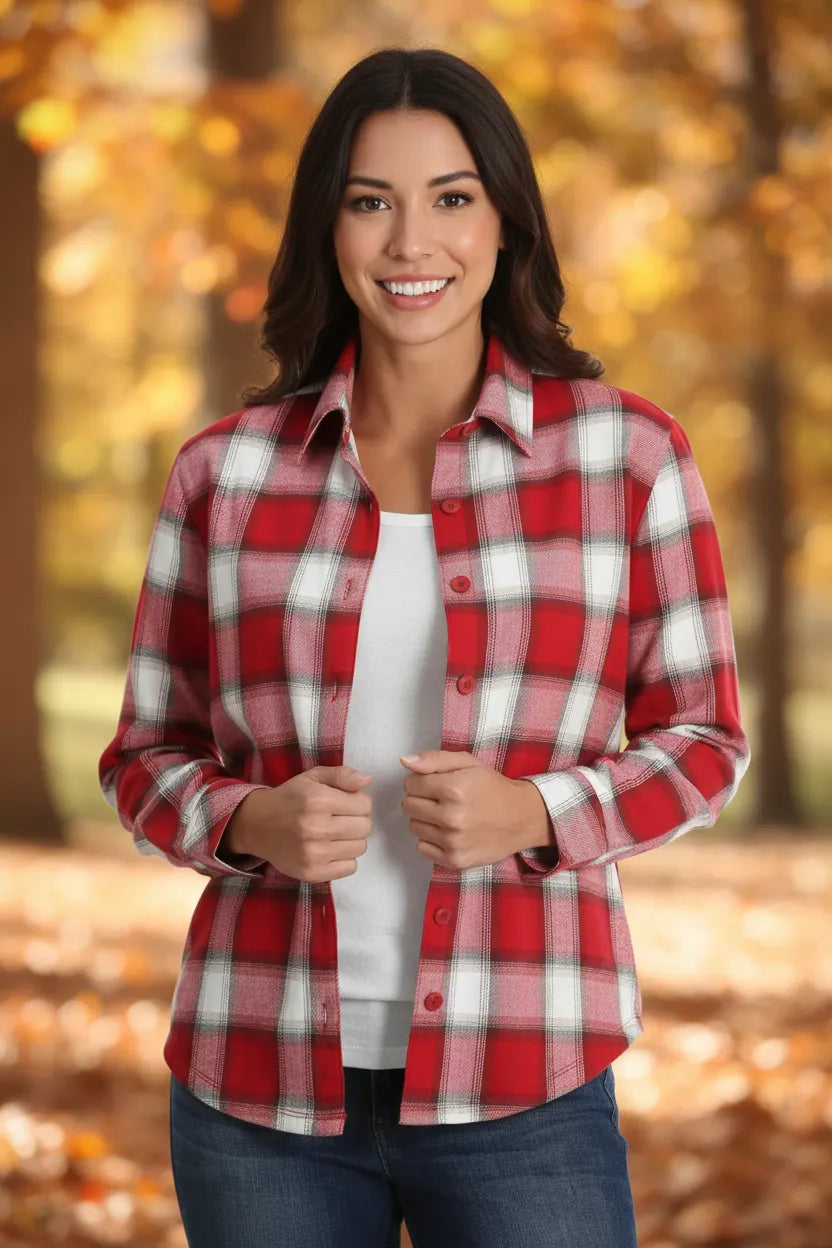 Women's red and white flannel shirt, front