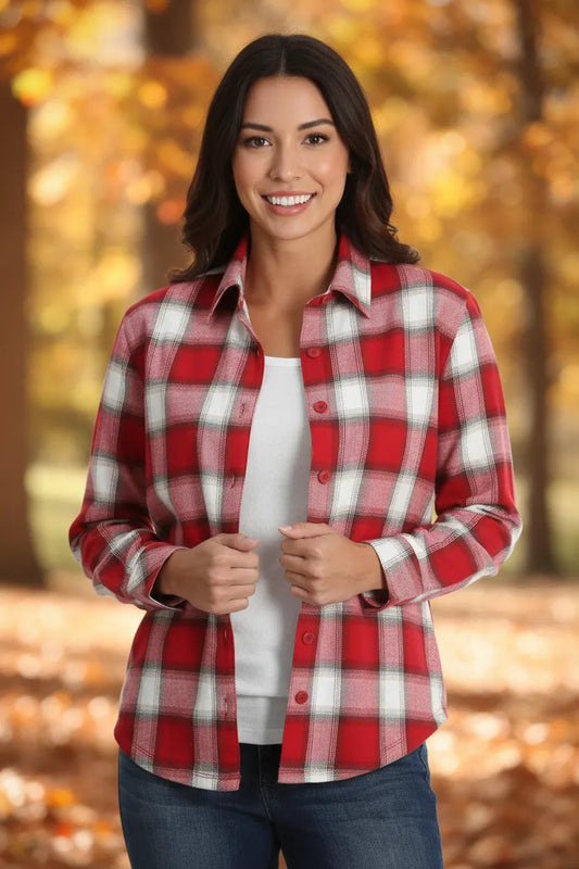 Women's red and white flannel shirt, front