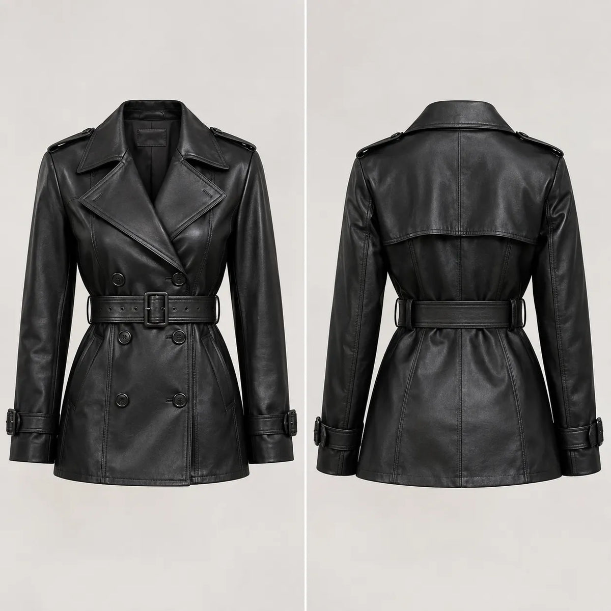 Women's black short belted leather trench jacket, hip length