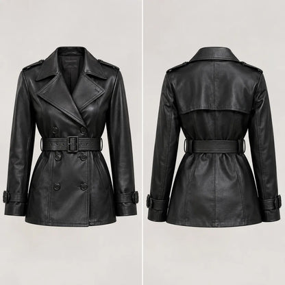 Women's black short belted leather trench jacket, hip length