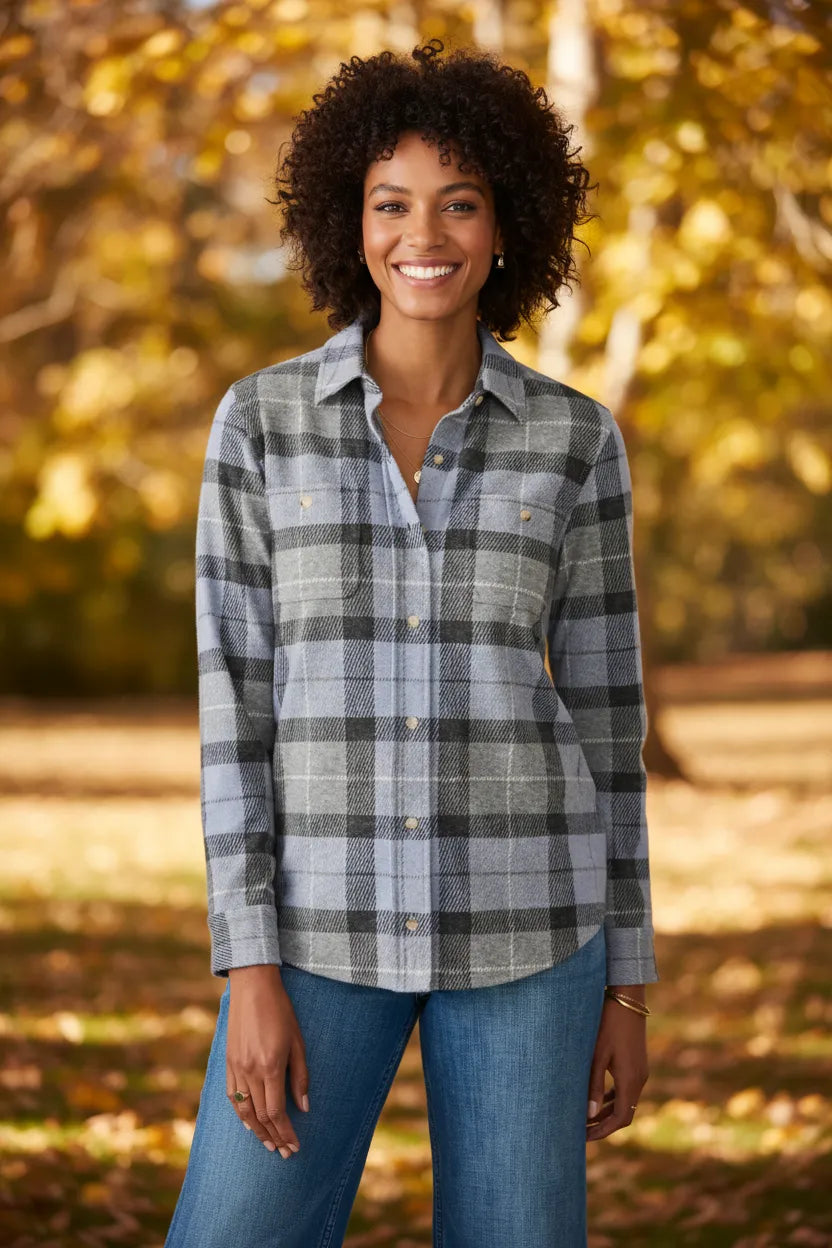 Women's grey two pocket flannel shirt, front