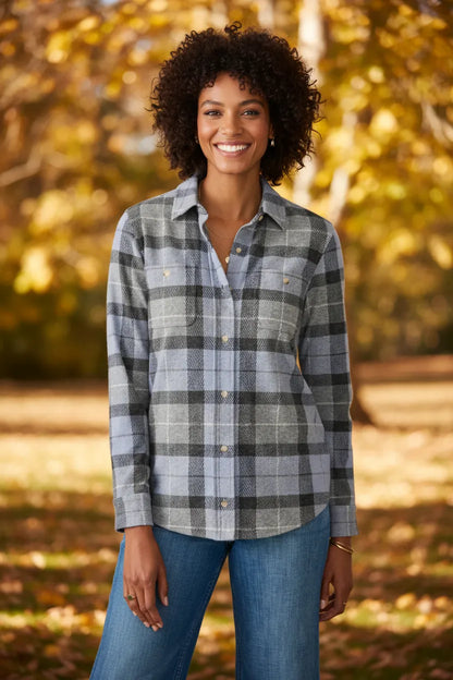 Women's grey two pocket flannel shirt, front