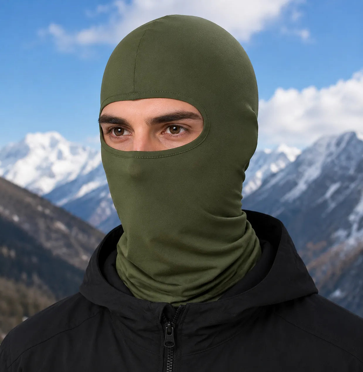 Army style balaclava worn by model