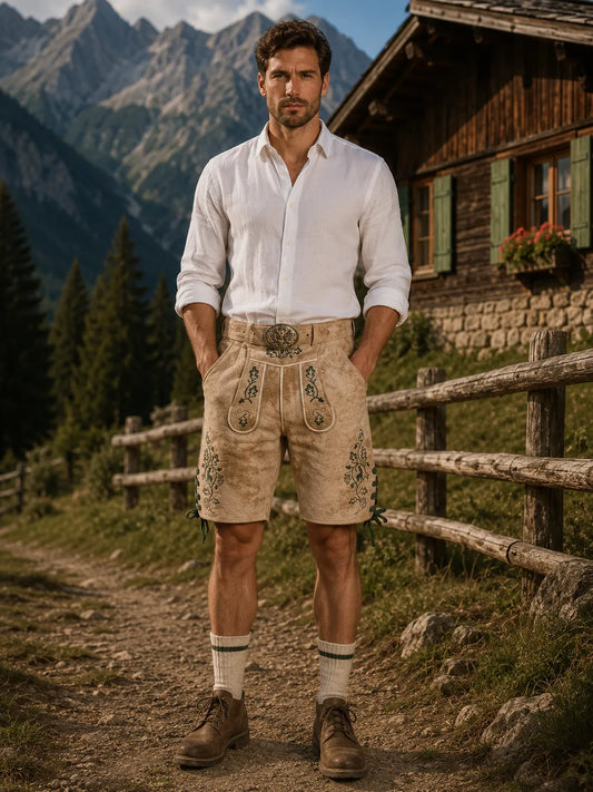 Vintage-Lederhosen-Front-beige embroidered Lederhosen