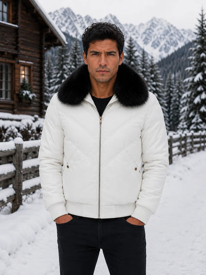 White-Leather-V-Bomber-Jacket-By-SKS-Model