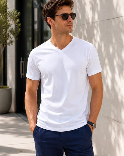 White-V-Neck-T-Shirt-Mens-Front-By-SKS