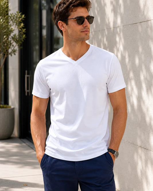 White-V-Neck-T-Shirt-Mens-Front-By-SKS