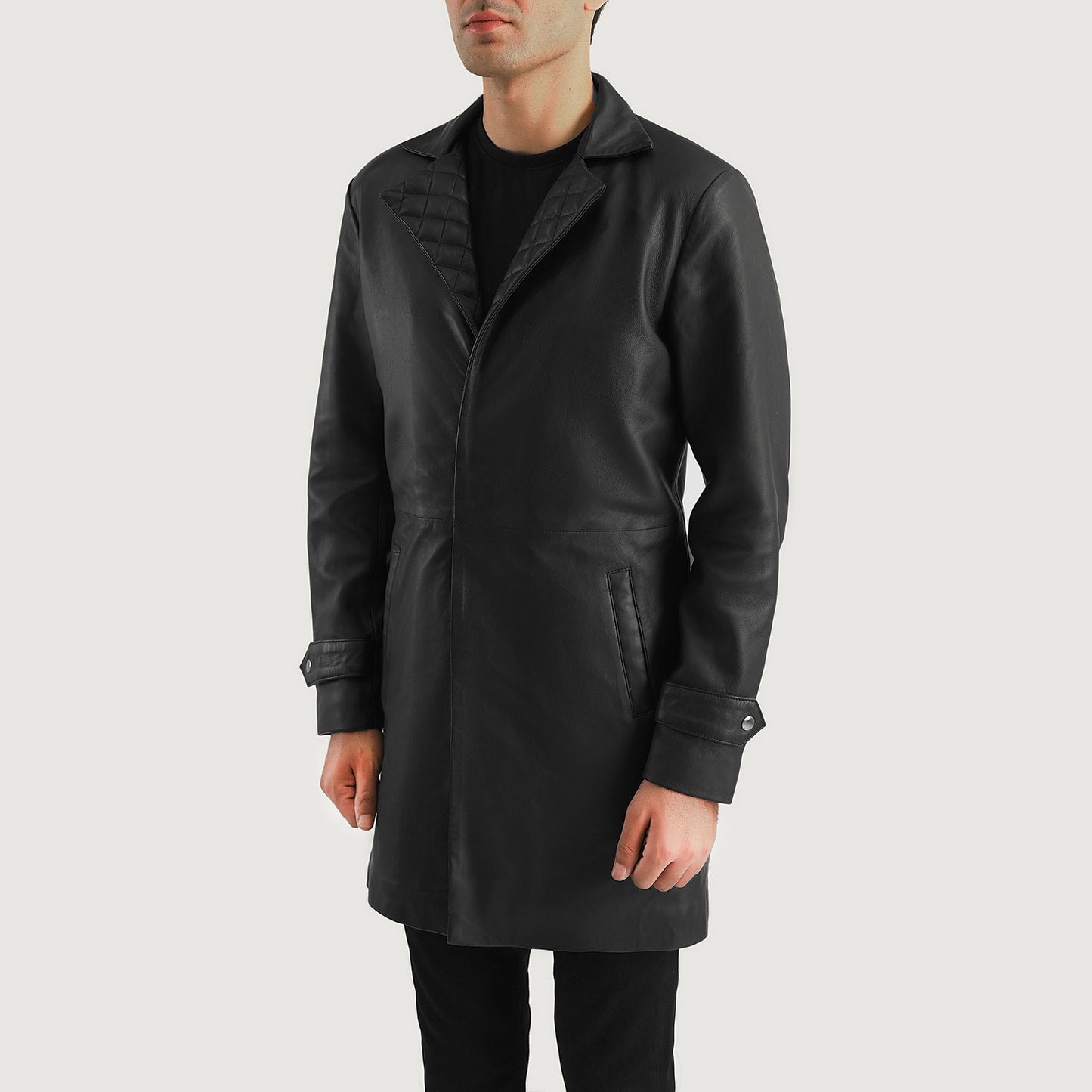 Wholesale-Black-Leather-Coat-Side-Pose