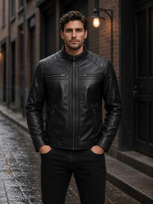 Motorcycle jacket with quilted shoulder panels and zippered chest pockets