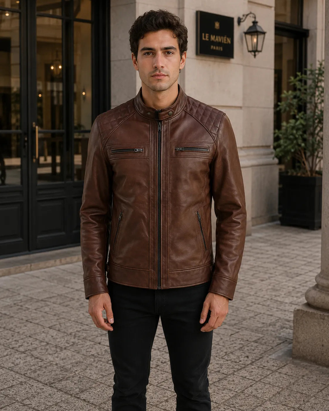 A man wearing a brown leather jacket