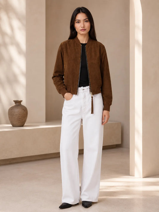 Womens-Brown-Suede-Leather-Bomber-Jacket-Front-By-SKS-Model