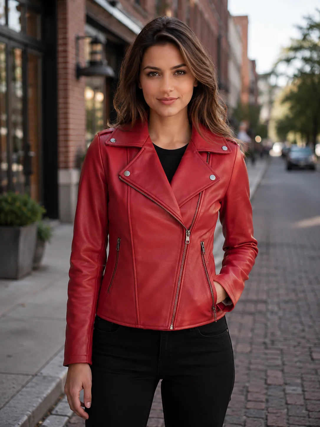 Womens-Red-Leather-Biker-Jacket-Front-By-SKS-Model