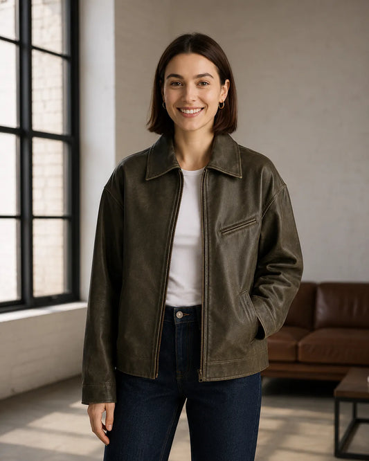 Womens-Brown-Leather-Oversized-Bomber-Jacket-Model-By-SKS-Model