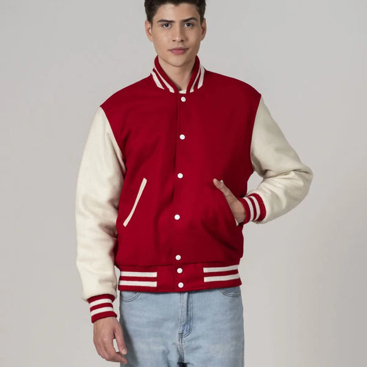 all-wool-red-and-white-varsity-jacket-front-closed-by-SKS-Wholesales