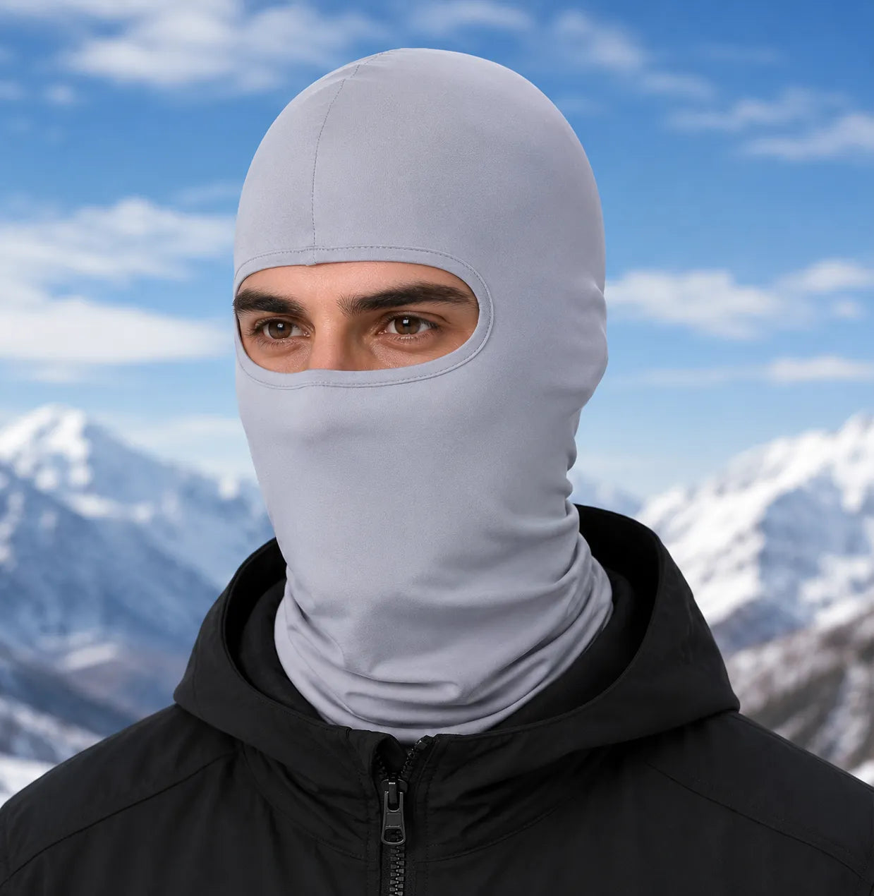 Balaclava hood worn over helmet by model