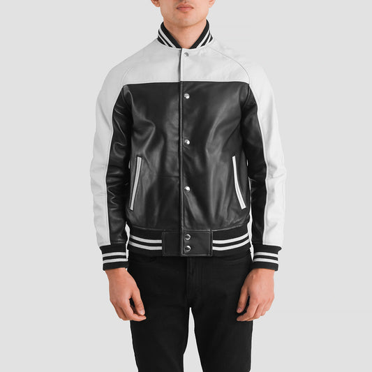 black-and-white-leather-varsity-jacket-front-closed-by-SKS-Wholesales