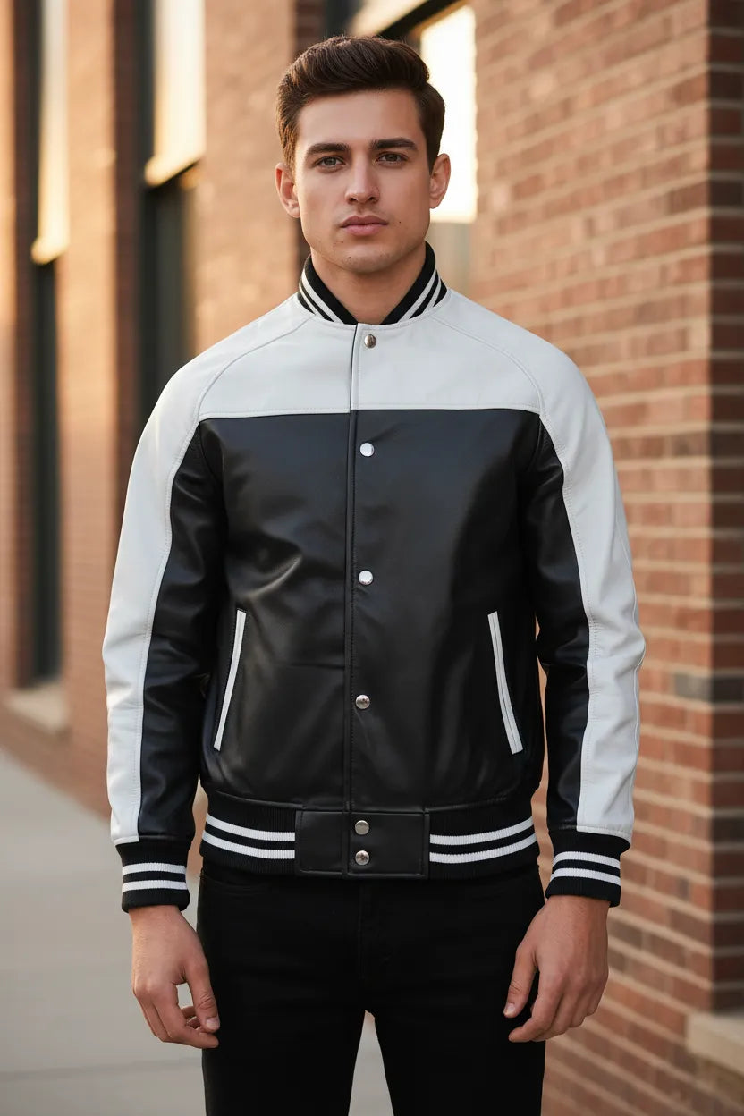 black-and-white-leather-varsity-jacket-front-closed-by-SKS-Model