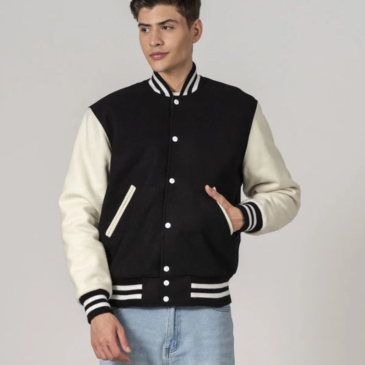 black-and-white-wool-varsity-jacket-model-shoot-by-SKS-Wholesales