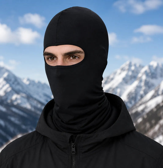Black balaclava worn by model