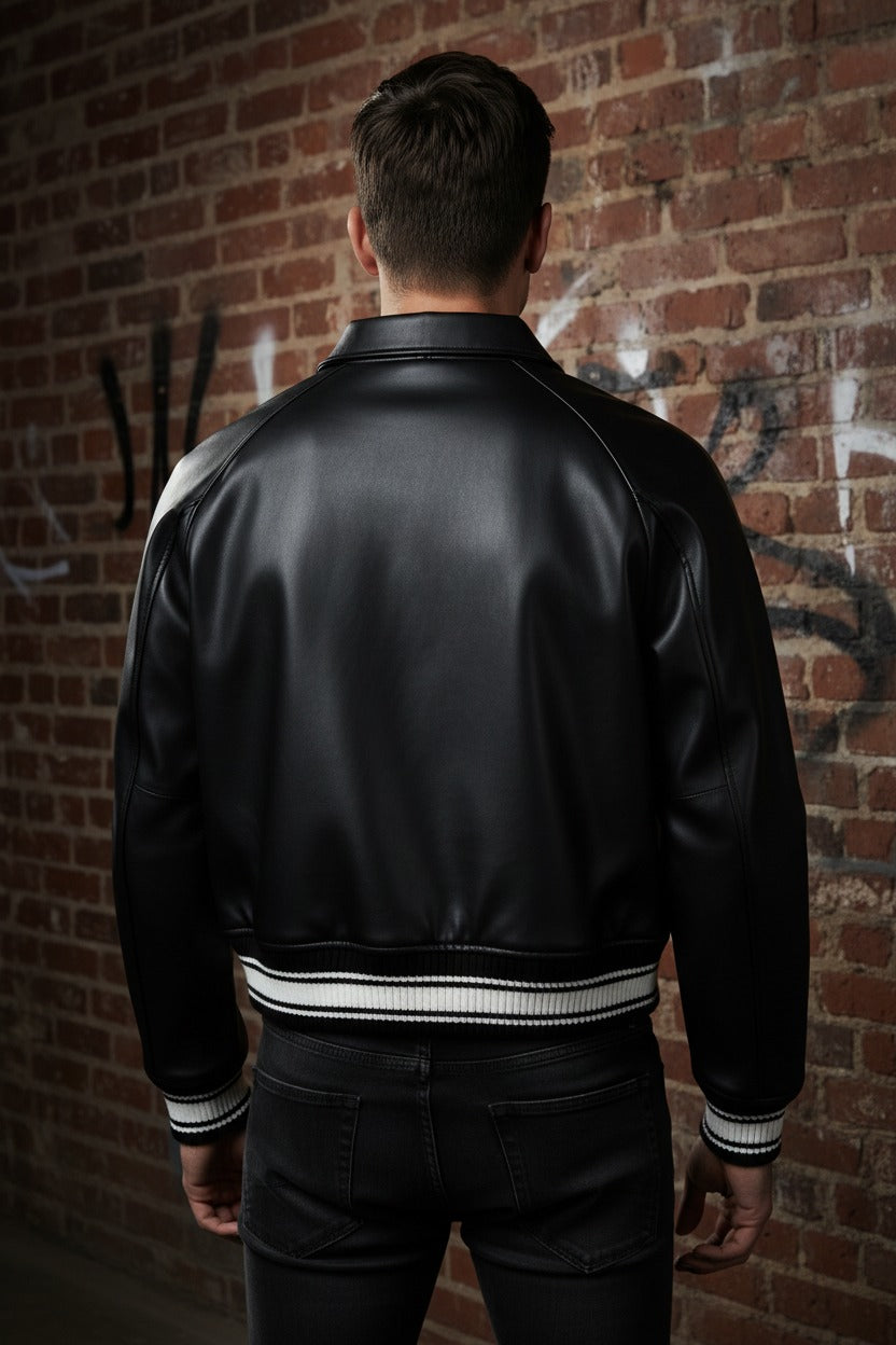 Black cropped Avirex leather jacket, side view