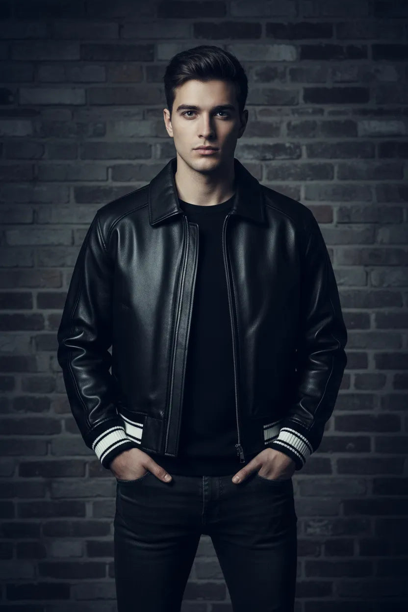 Black cropped Avirex leather jacket worn by model