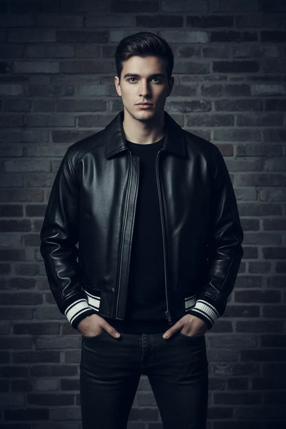Black cropped Avirex leather jacket worn by model