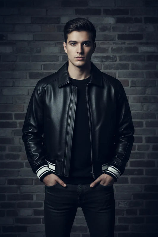Black cropped Avirex leather jacket worn by model