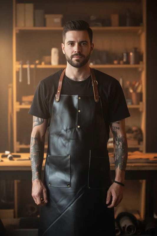 Men's black leather apron worn by model