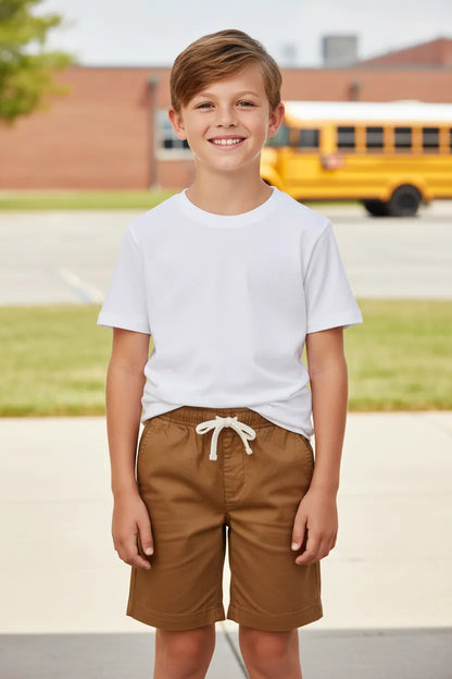 Boys' brown school shorts, front angle