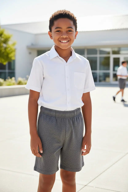 Boys' dark grey school shorts, front angle