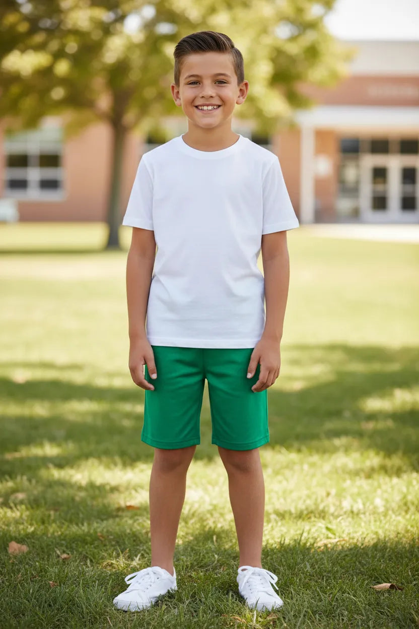 Boys' green school shorts, front angle