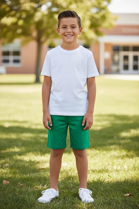 Boys' green school shorts, front angle
