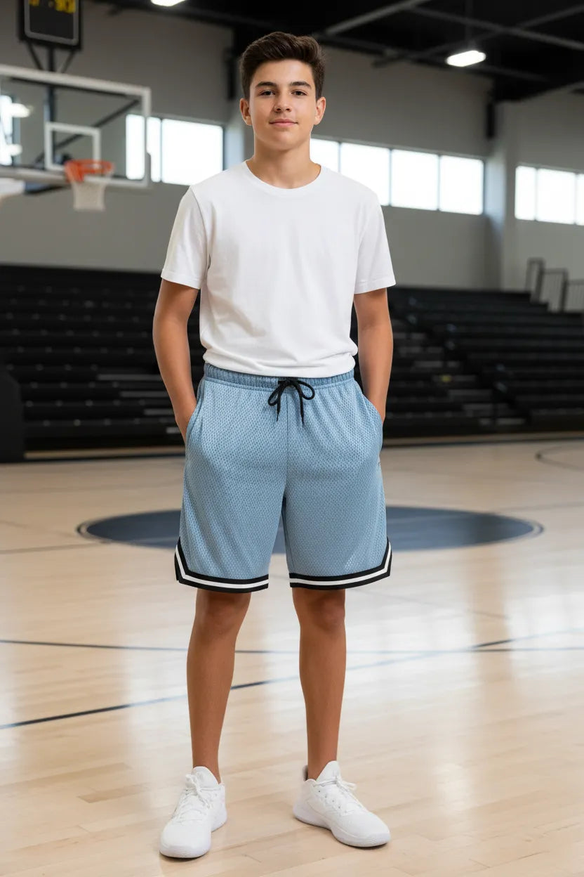 Boys' mesh basketball shorts, front angle