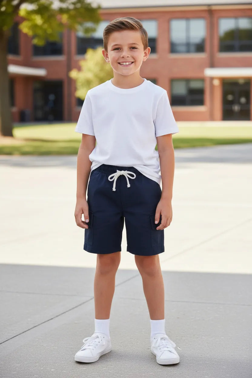 Boys' navy blue jogger shorts, front angle