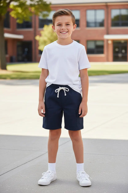 Boys' navy blue jogger shorts, front angle