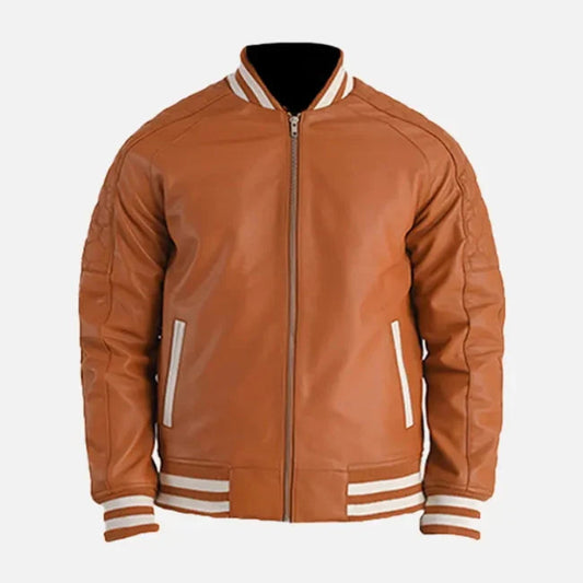 brown-leather-varsity-jacket-front-by-SKS-Wholesales