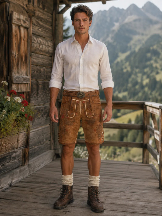 Brown leather lederhosen shorts with white cord trim