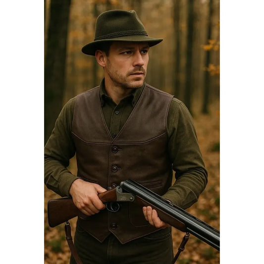 Buffalo leather hunting vest worn by model