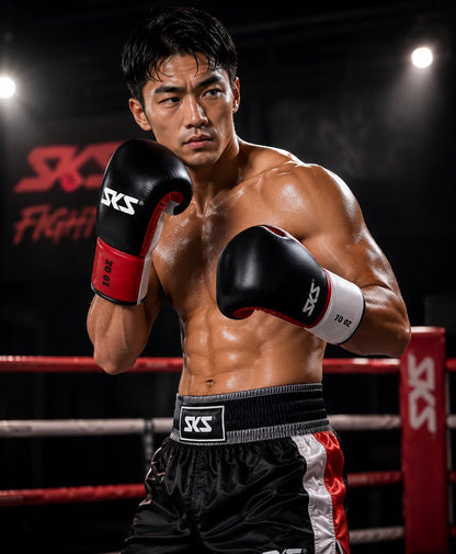 Boxer in a boxing ring wearing SKS gloves and shorts with a dark background