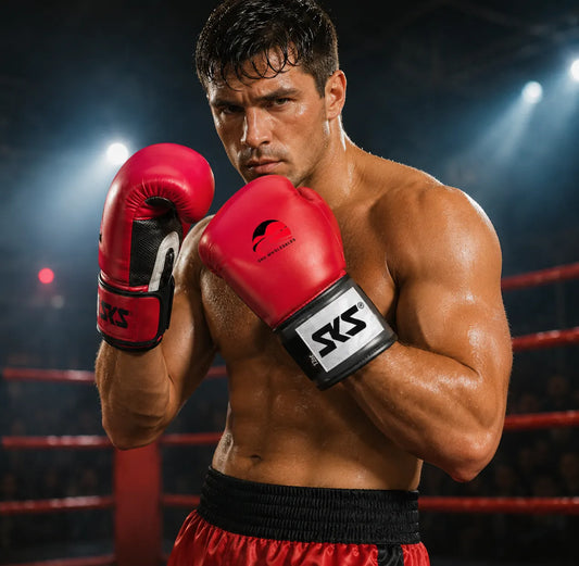 Boxer in red boxing gloves and shorts with SKS branding in a boxing ring.