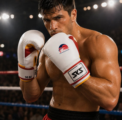 Boxer in a boxing ring wearing SKS boxing gloves