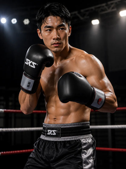Boxer in a boxing ring wearing SKS gloves and shorts