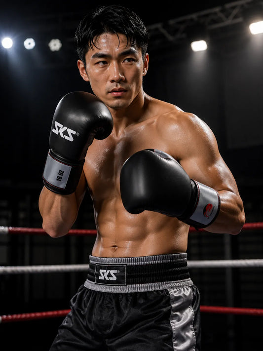 Boxer in a boxing ring wearing SKS gloves and shorts
