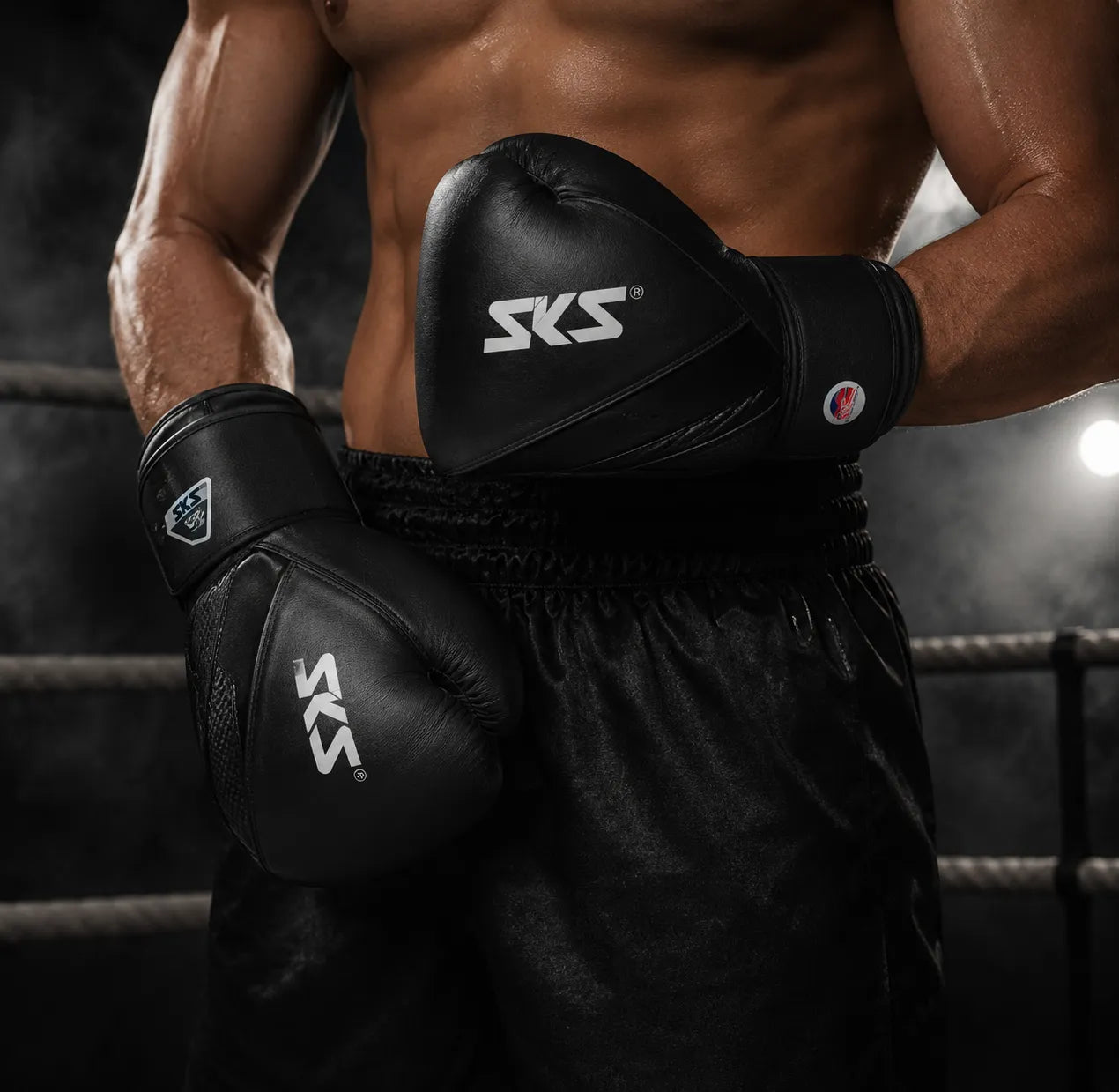 Person wearing black boxing gloves with SKS branding in a boxing ring.