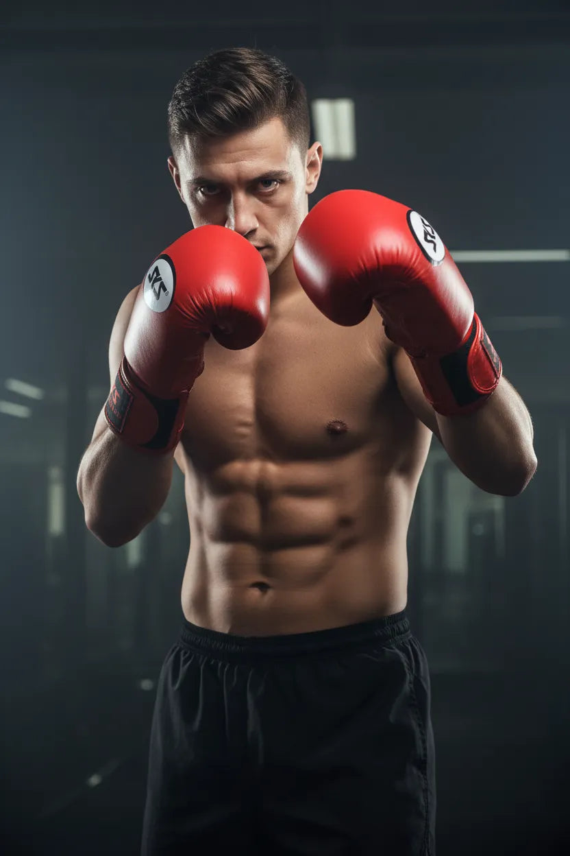 All-red boxing gloves worn by boxer