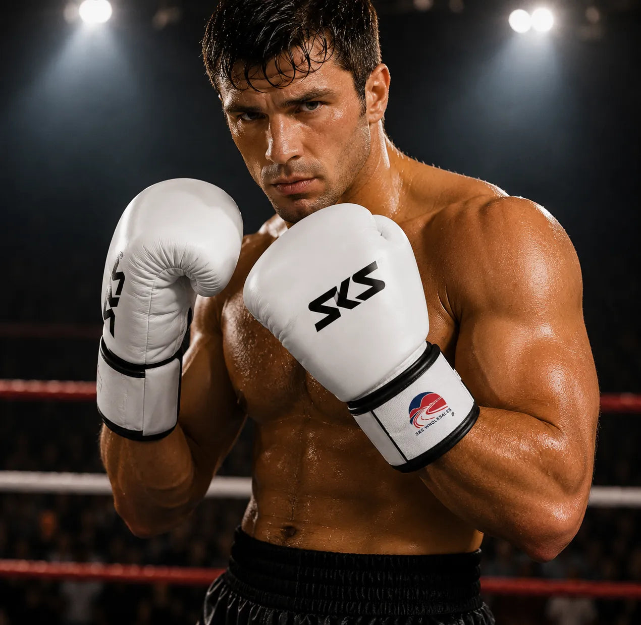 Muscular man in boxing stance wearing white boxing gloves with 'SRS' branding on a dark background.